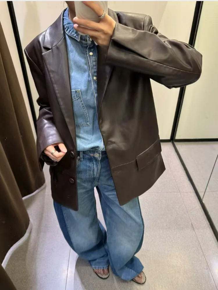 

Fall 2025 New Women's PU Leather Straight Leg Suit Jaet Versatile High-End Feel Faionable Outerwear Long Sve Button Cl...