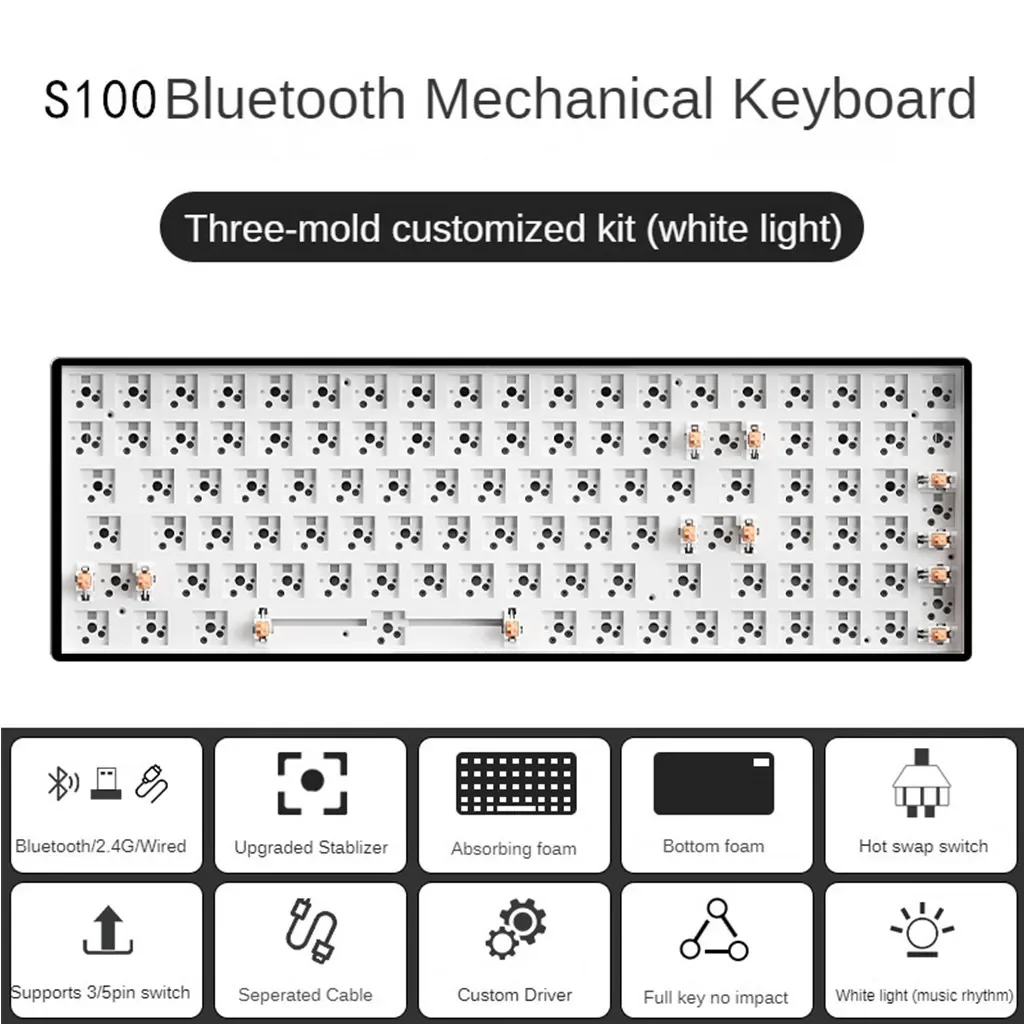 

Mathew Tech S100 Three Mode Mechanical Keyboard Barebone White Backlight 100 Keys 98% Layout Hot Swap Gaming Keyboard DIY Kit