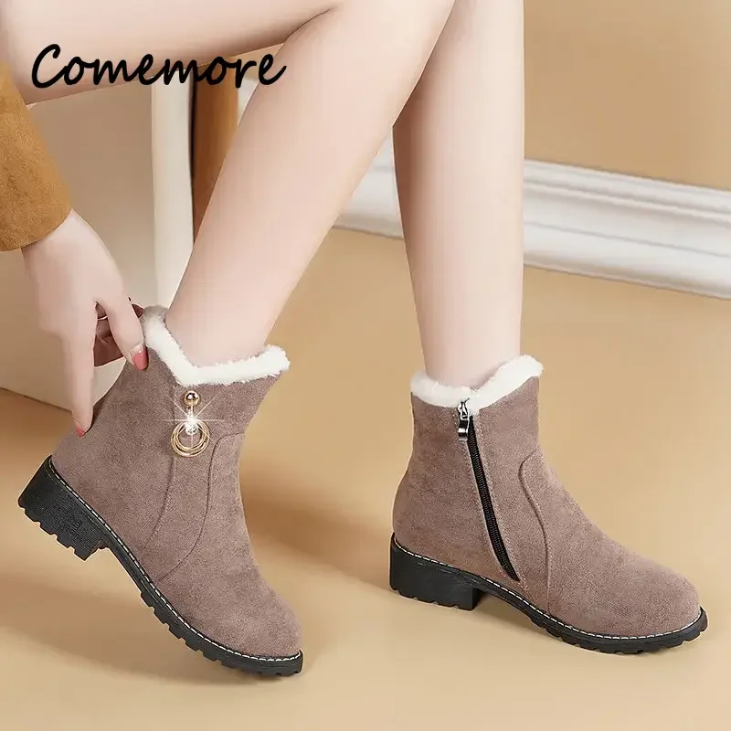 New Women Boots Winter Outdoor Keep Warm Fur Boots Waterproof Women's Snow Boots Thick Heel with Round Head Short Boot