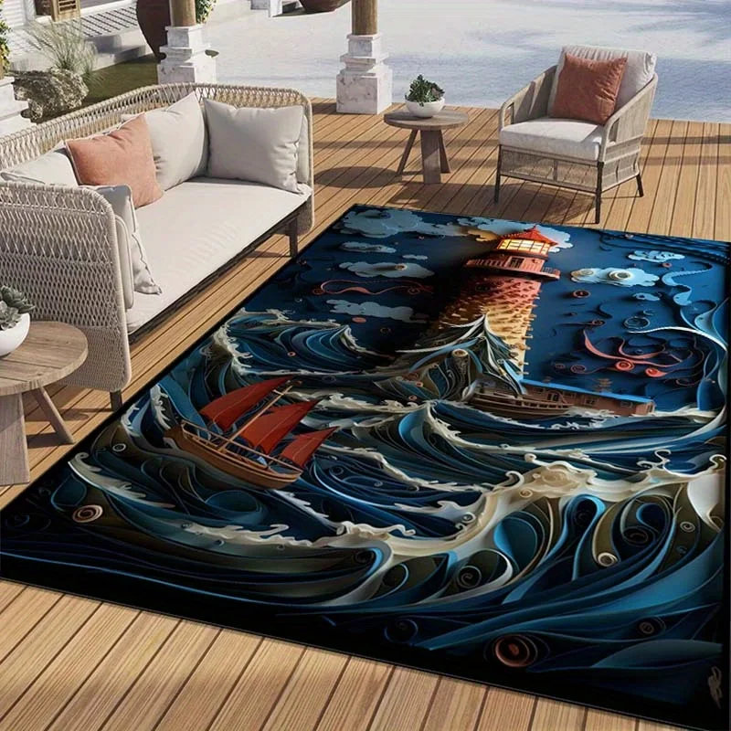 Lighthouse Stormy Sea Rug: Nautical Adventure for Maritime Lovers | Boat and Waves Area Rugs | Deep Blue Ocean Living Room Decor