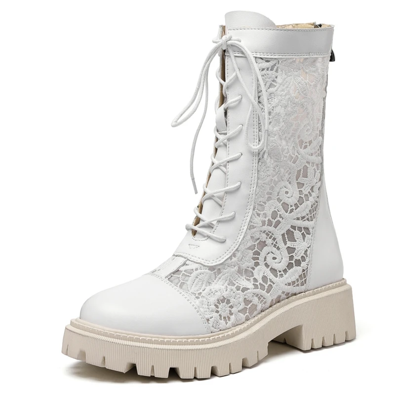 

Platform Ankle Boots For Women 2023 Autumn Summer Mesh Black White Short Boot Low Heels Lace-up Party Shoes Footwear Comfortable