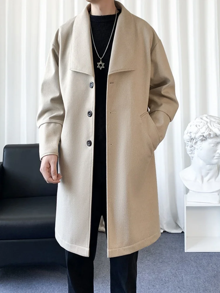 

Men's Woolen Coat Knee-Length Autumn Winter Faion Briti Sle Casual Haome Overcoat Youth Loose Fit Button Decor
