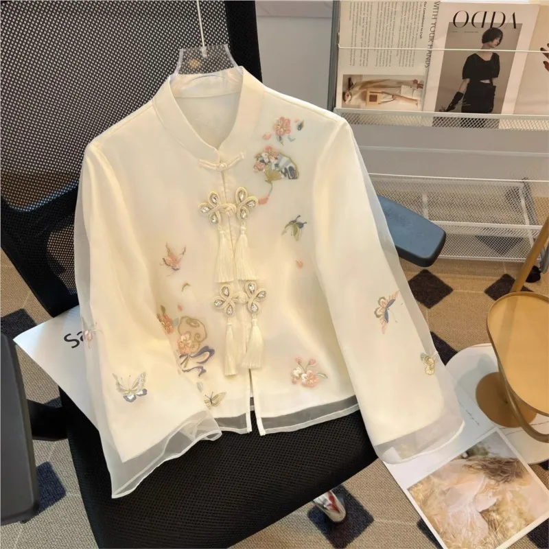 Pregnant Women's New Chinese Style 2025 Chiffon Shirt Spring Clothing New Maternity Button Stand up Collar Embroidered Top LH125