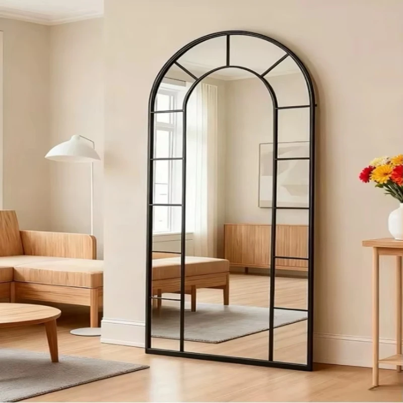 Retro metal wall-mounted floor-to-ceiling arched full-length mirror living room entrance corridor