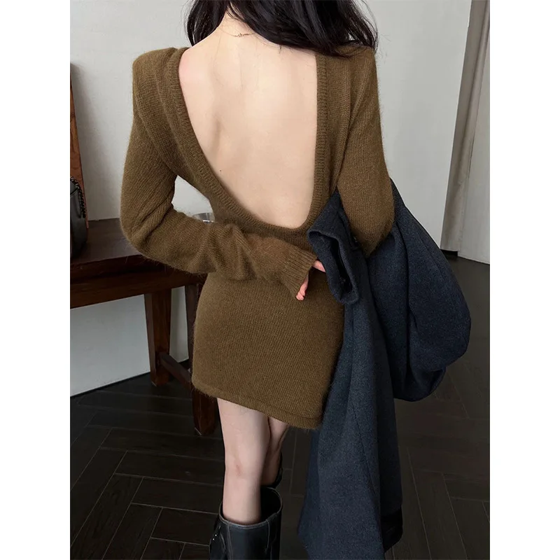 

Hepburn Style Elegant Backless Knitted Dress Women, New Autumn And Winter Base Layer Sweater Short Dress