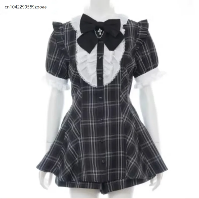 

Sweet Women Puff Short Sleeve Button Shirt Party Dresses Japanese Style Gothic Plaid Rhinestone Bow Dress Shorts Set