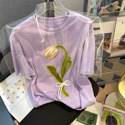 DAYIFUN-Women's Purple 3D Tulip Flower Design T-Shirts Japanese Unique Short Sleeve Tees Female Large Size Tops Summer Tshirts