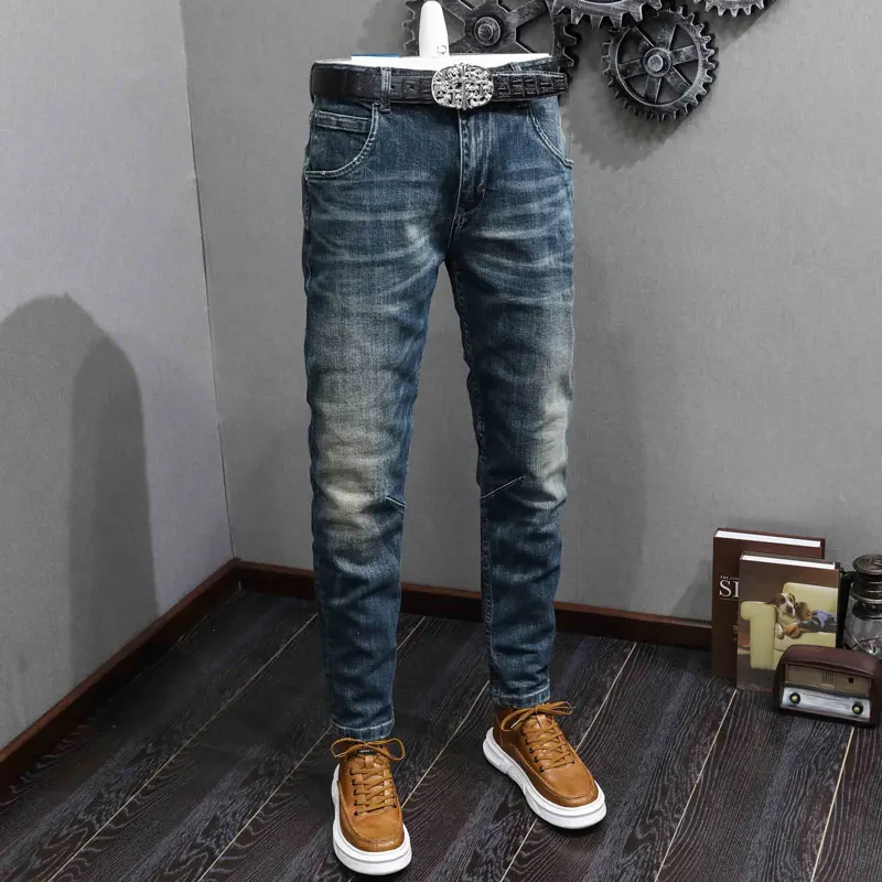 

Fashion Designer Men Jeans High Quality Retro Washed Blue Stretch Slim Fit Ripped Jeans Men Spliced Vintage Denim Pants Hombre