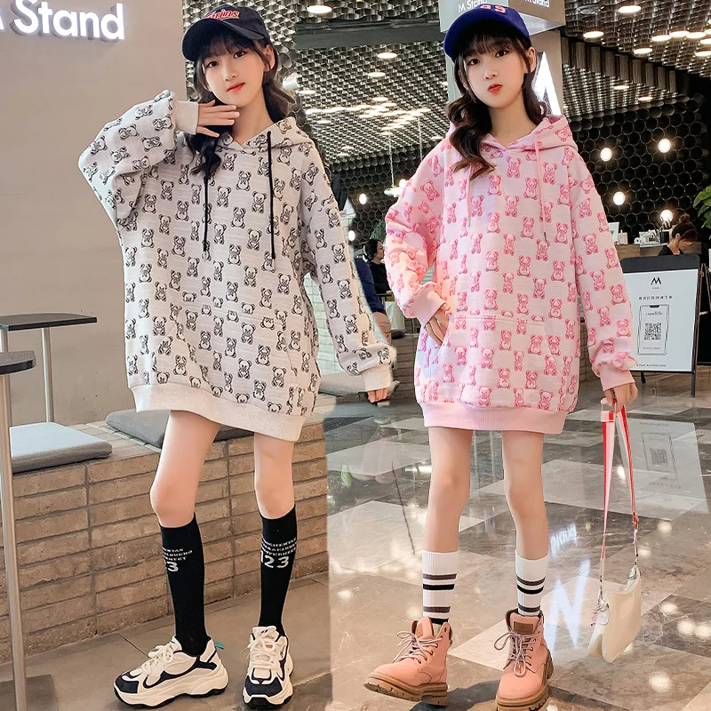 Cartoon Bear Children's Plus Size Long Sleeve Sweater New Luxury Design Girls Dress With Hood Collar Recommended By Bloggers