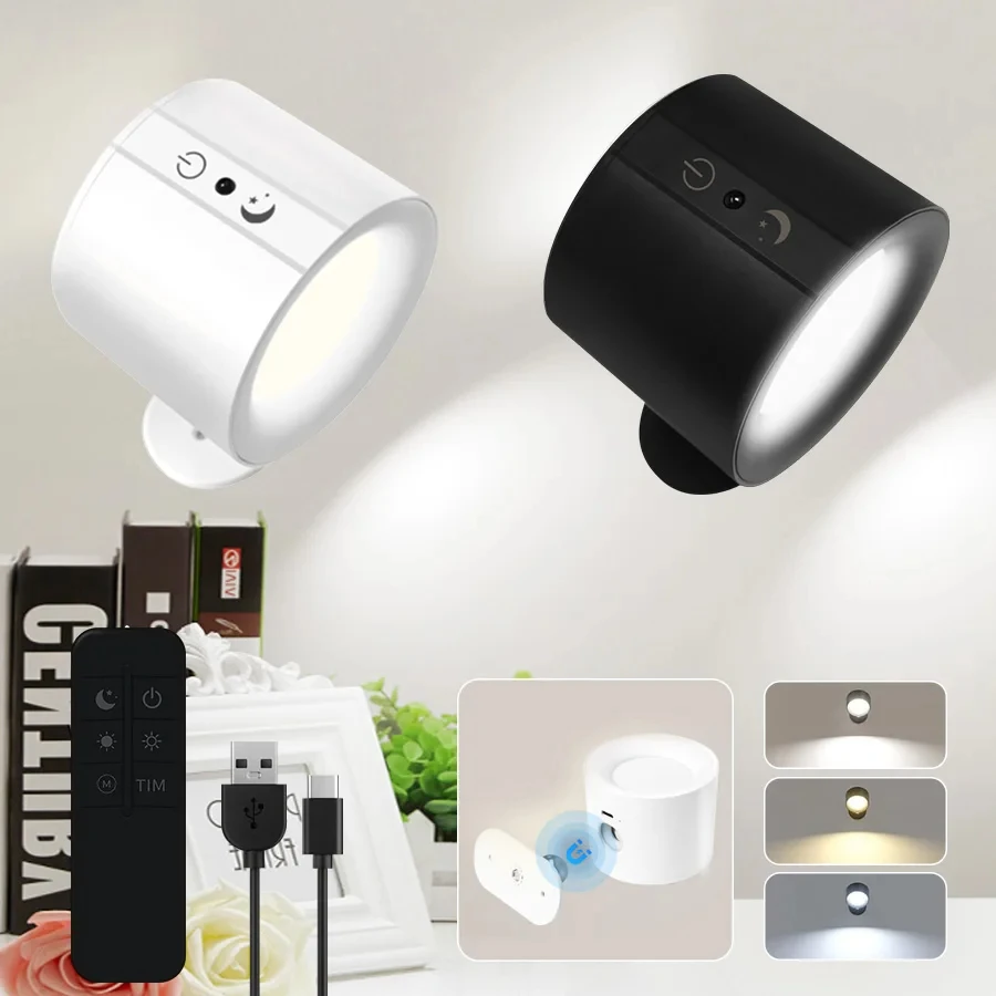 LED Mini Magnetic Wall Light Simple Black/White Dual Head Lighting Remote Control Bedroom Ambient Light Emergency Lighting