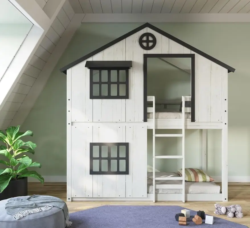 Child Craft Modern Farmhouse Twin Over Twin Etagenbett für Kinder, niedriges Montessori-Etagenbett aus Holz, leicht zugängliche Leiter auf der Oberseite