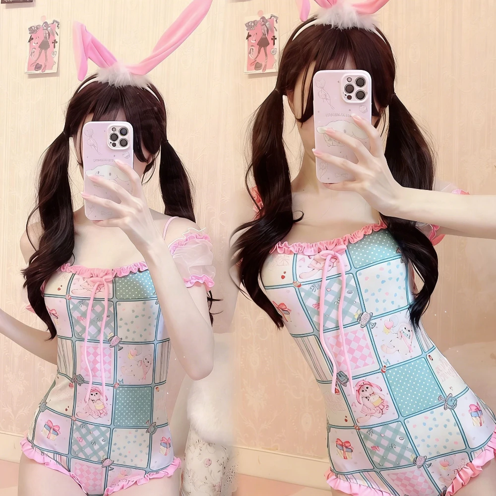 

Women's Kawaii Patchwork Bodysuit - Tulle Puff Sleeve Ruffled Trim Cartoon Print Bodycon Loungewear Summer Romper (Pastel)