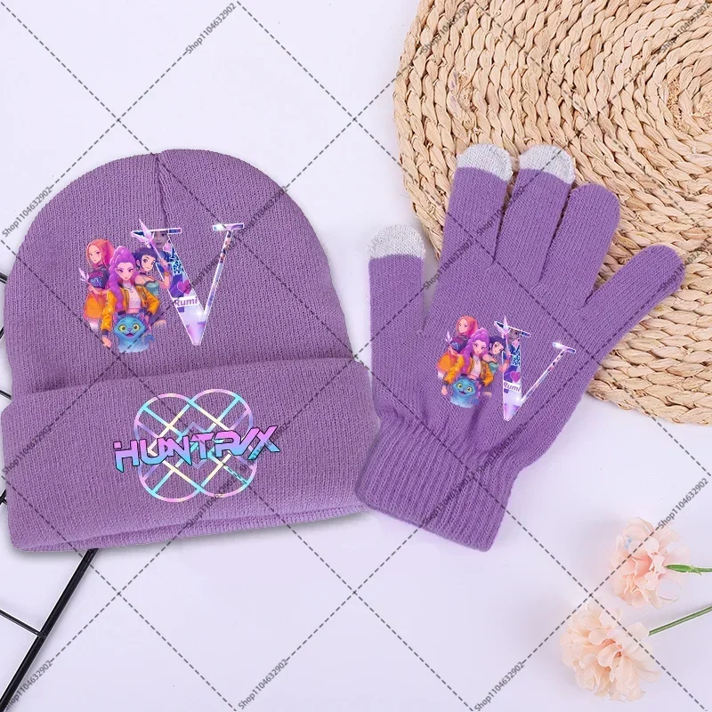 

2PCS Printed Winter Accessories Boys Girls Cute BeaniesKpop Demon Hunters Knitted Hat and Gloves Set Cartoon Anime Letters A-Z