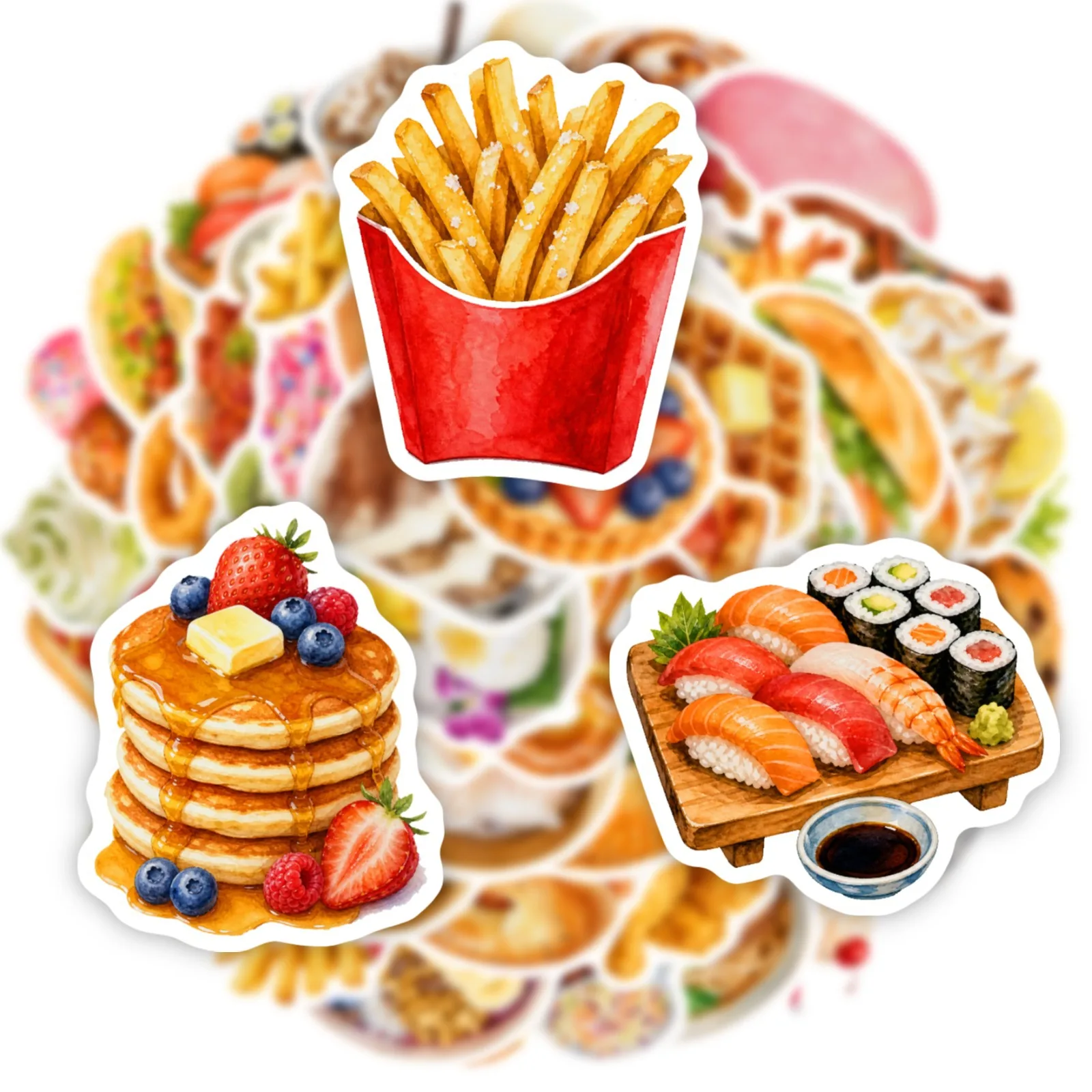 50-Pack Western Food Sticker Set Bread Dessert Burger Sushi Ramen Waterproof Decals for Laptops Guitars Luggage Stationery