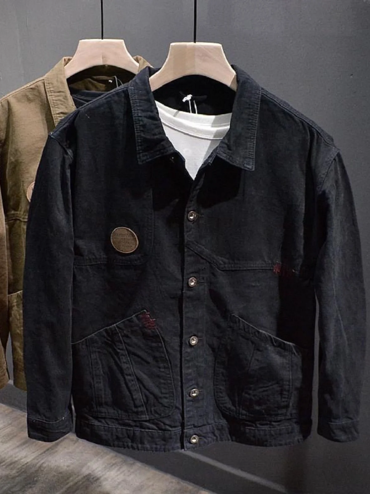 

High-End Bla Cotton Work Jaet Men's Loose Versatile Spring Autumn American Denim Coat Youth Full Sve Long Collar Coat