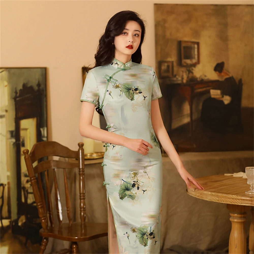 Vintage Elegant Slit Qipao Women Summer Short Sleeves Stand-up Collar Slim Cheongsam Ladies Chinese Traditional Dress For Party