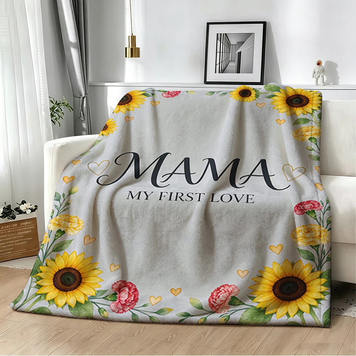 Mama Sunflower Ribbon Grey Cute Flannel Fleece Throw Blanket Soft Plush Bed Couch Cover Perfect Gift for Women Girls Kids