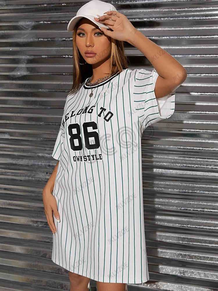 Neue Ankunft Sommer Gehören Zu Nr. 86 Gedruckt Frauen Kurzarm T-shirt Kleid Streifen Lose Beiläufige Sport Streetwear Fashion Kleid