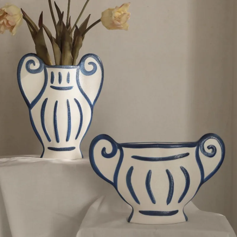 Greek aesthetics, Ionic columns, Roman style hand-painted blue and white patterned ceramic vases, Nordic home decor ornaments