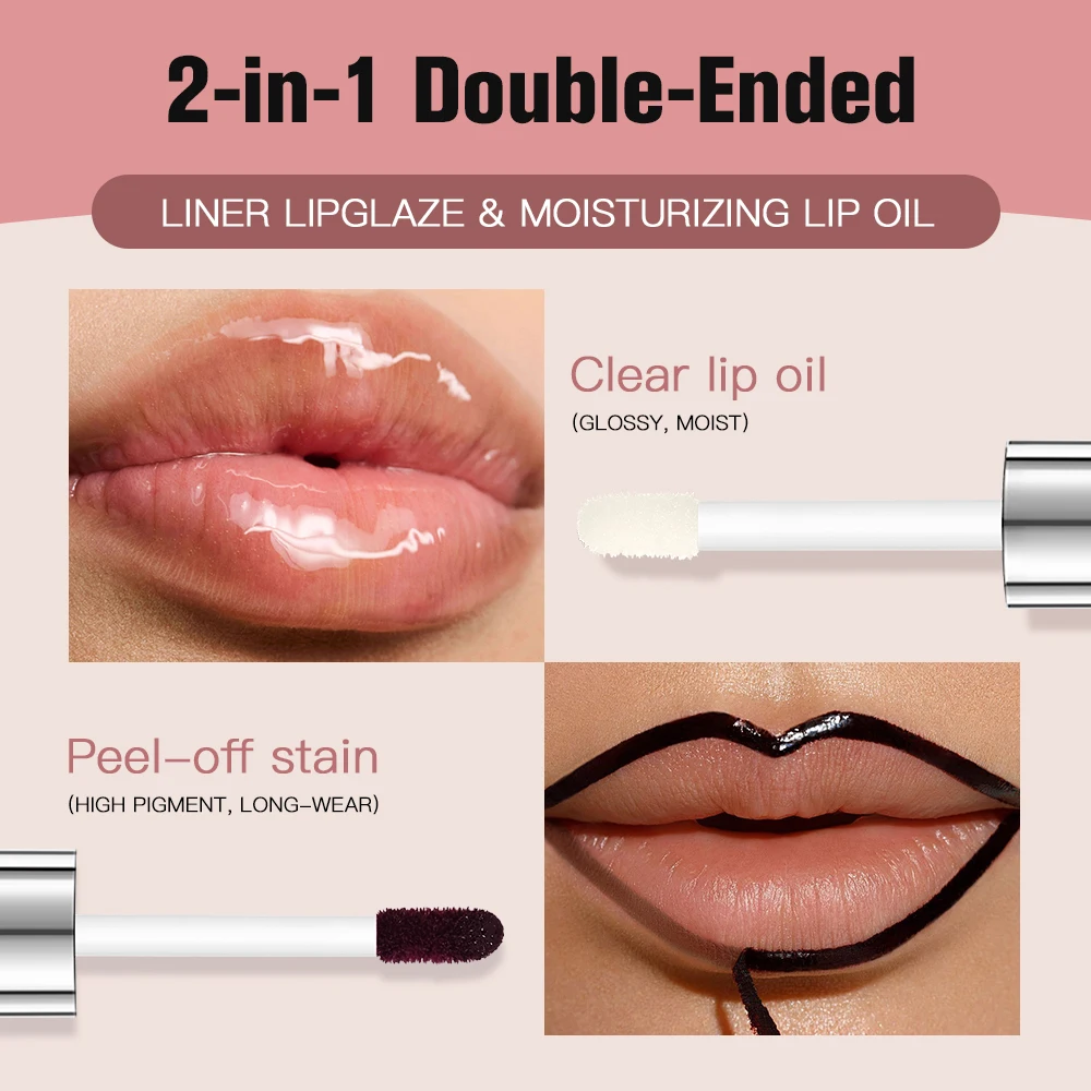 Lakerain 2 in 1 Liner Lipglaze e olio per labbra idratante Idratazione profonda Labbra morbide impermeabili Design a doppia testa Lucidalabbra peel-off
