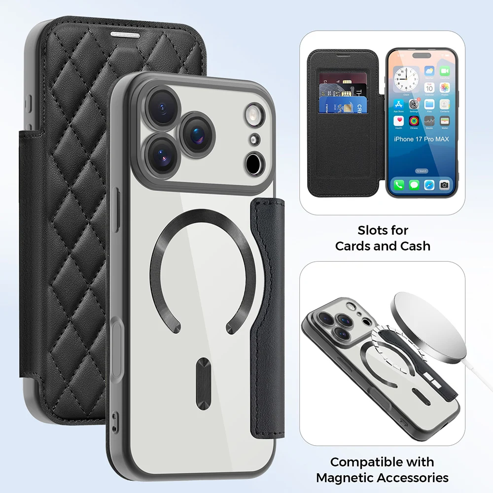 

Чехол для iPhone 17 Pro Max, роскошный защитный чехол Magsafe с магнитной компакт-диском и карманом для карт, также подходит для iPhone серии 11–16