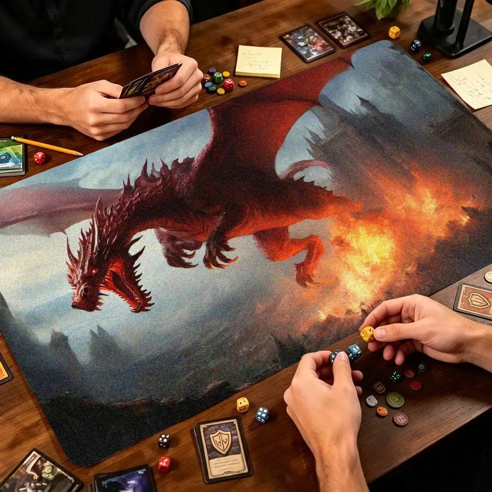 Fantasy Fire Dragon Extended Game Mat Non-Slip Rubber Base Stitched Edges Large Play Mat For Tabletop Trading Card Board Gaming