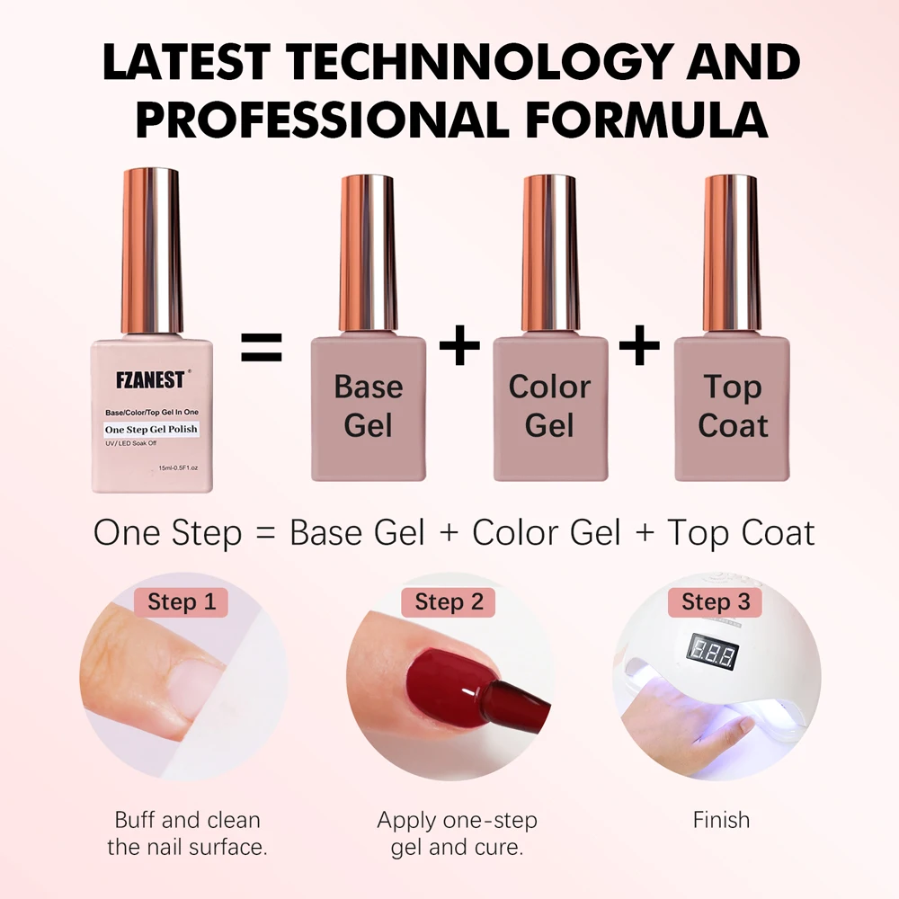 FZANEST Young Nails Esmalte de gel de un solo paso para salón perfecto Sistema de gel 3 en 1 Laca para uñas Esmalte de uñas vegano orgánico todo en uno