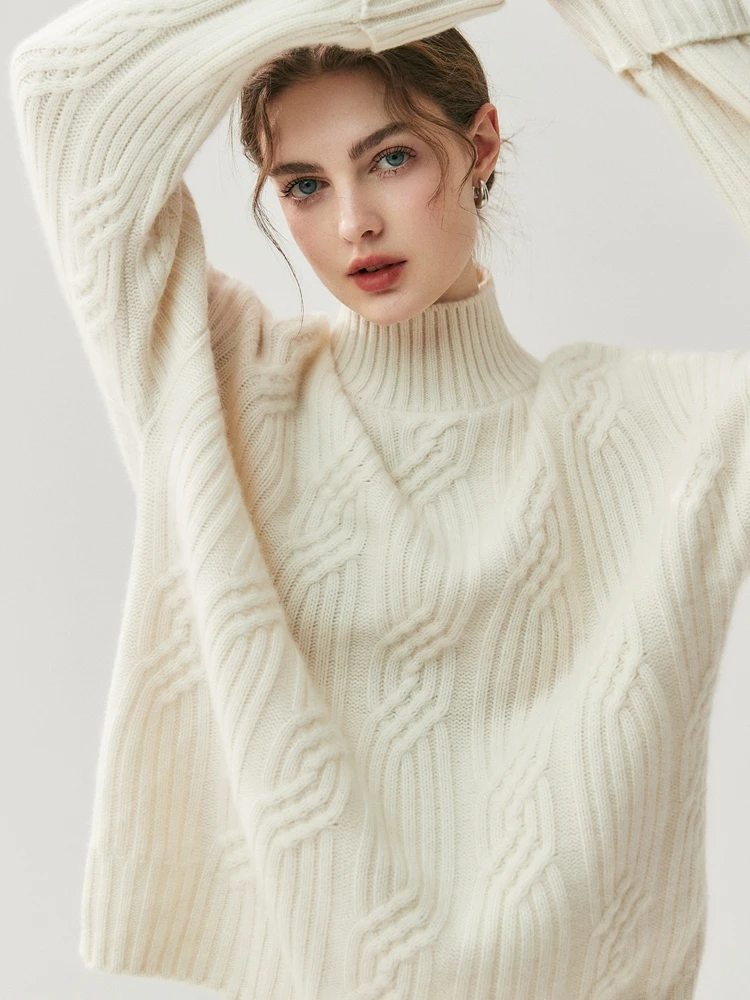 

CHICUU осенне-зимний толстый женский пуловер с воротником-стойкой, 100% кашемировый свитер, ромбовидная вязка, повседневный свободный стиль, кашемировый трикотаж