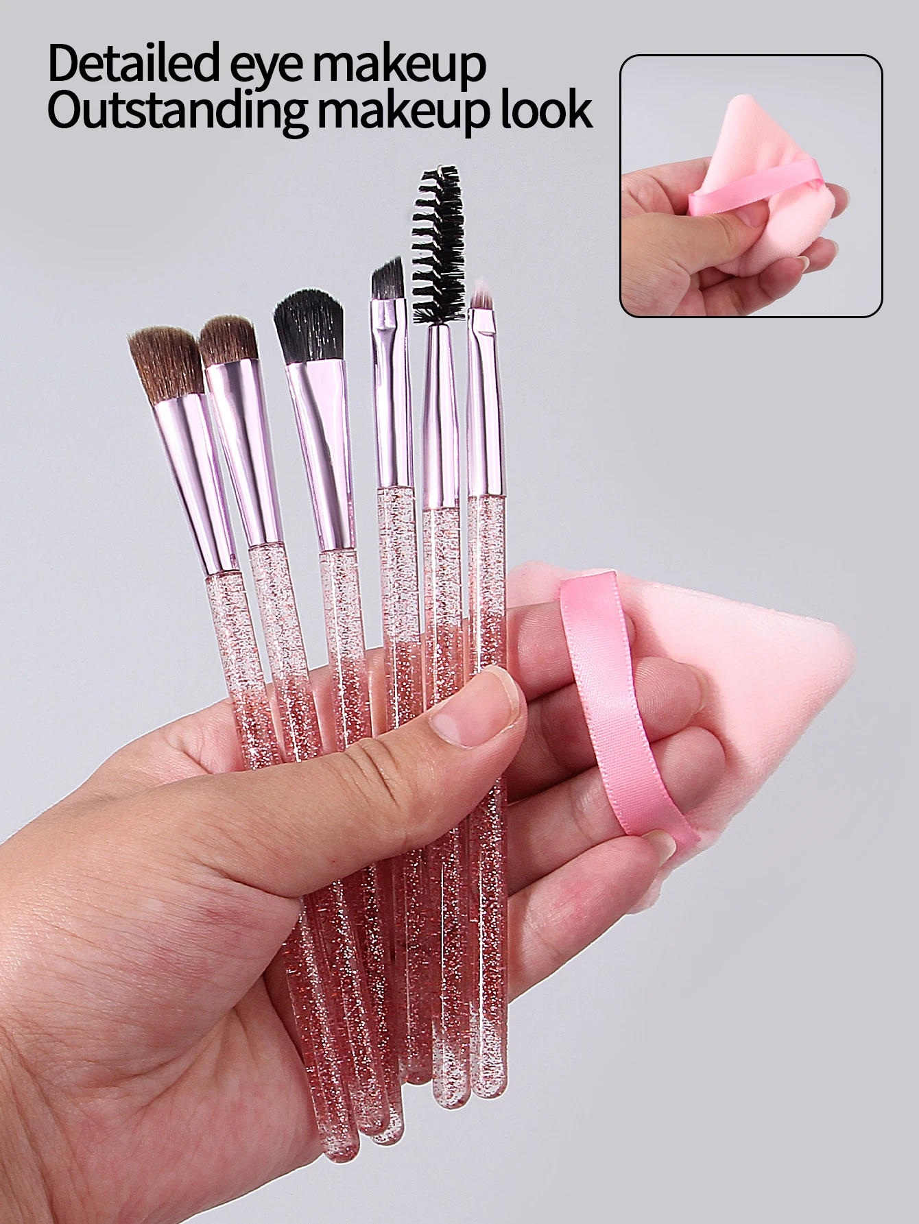 6 ชิ้น Glitter Eye ชุดแปรงแต่งหน้า, อายแชโดว์ผสมรายละเอียดแปรง, แปรงมาสคาร่า + 1 ชิ้นนุ่มสองด้านสามเหลี่ยมแป้งพัฟ