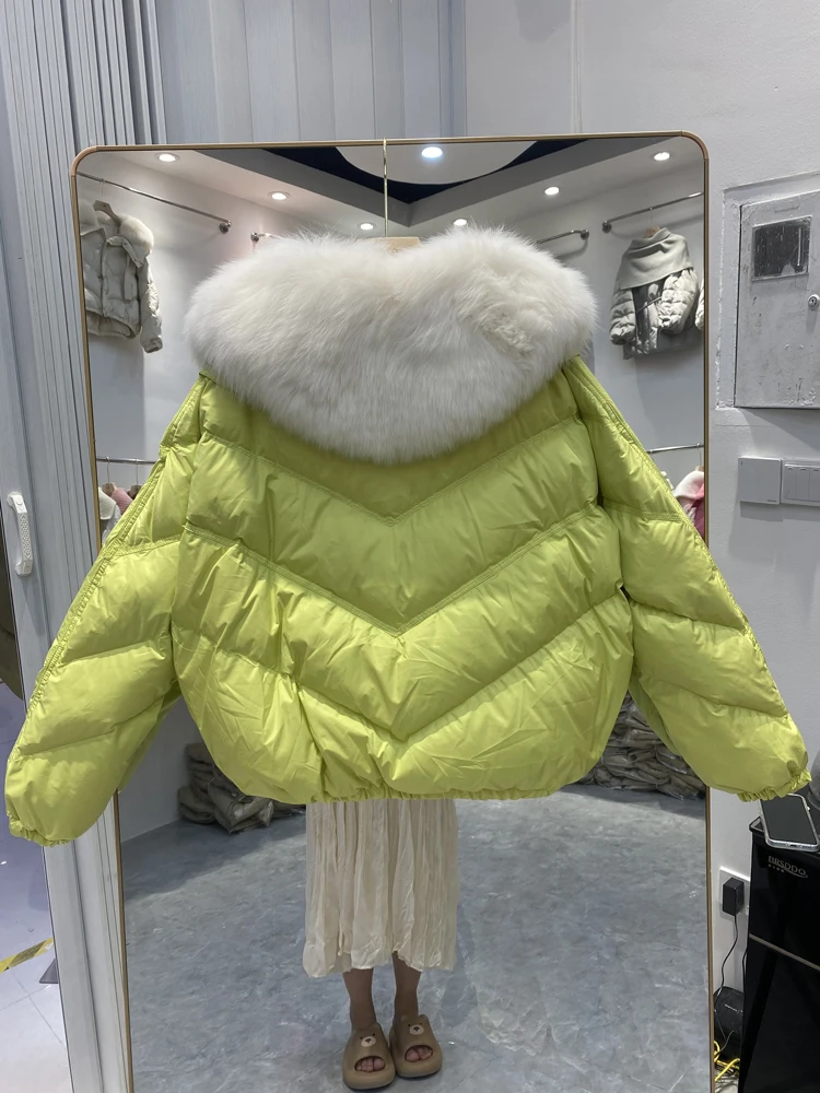 Chaqueta de plumón de pato blanco para mujer, Parka holgada con cuello de piel de zorro Real grande, abrigo acolchado corto y cálido, novedad de