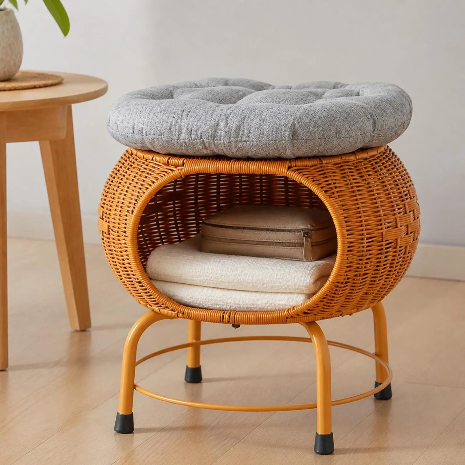Interwoven Storage Stool with Cushioned Seat Compact Rattan-Style Storage Stool with Open Compartment for Entryway, Living Room,