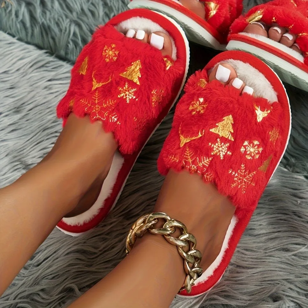 Open-Toe Christmas Tree Slippers Embroidered Non Slip Winter Warm Slippers Snowflake Plus Velvet Women Home Slippers