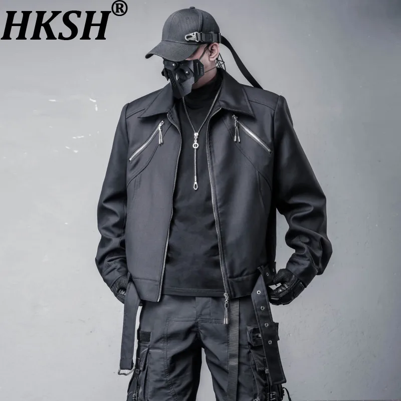 

HKSH Unique Deconstructed Patchwork Belt Zipper Flight Jacket Men Dark High Street Safari Style Short Punk Chic Ins Coat HK11900