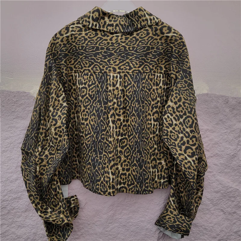 HKSH 2024 Autumn New Women Stylish Fashion Temperament Spliced Color Contrast Lace Bubble Long Sleeve Leopard Print Shirt HK3225