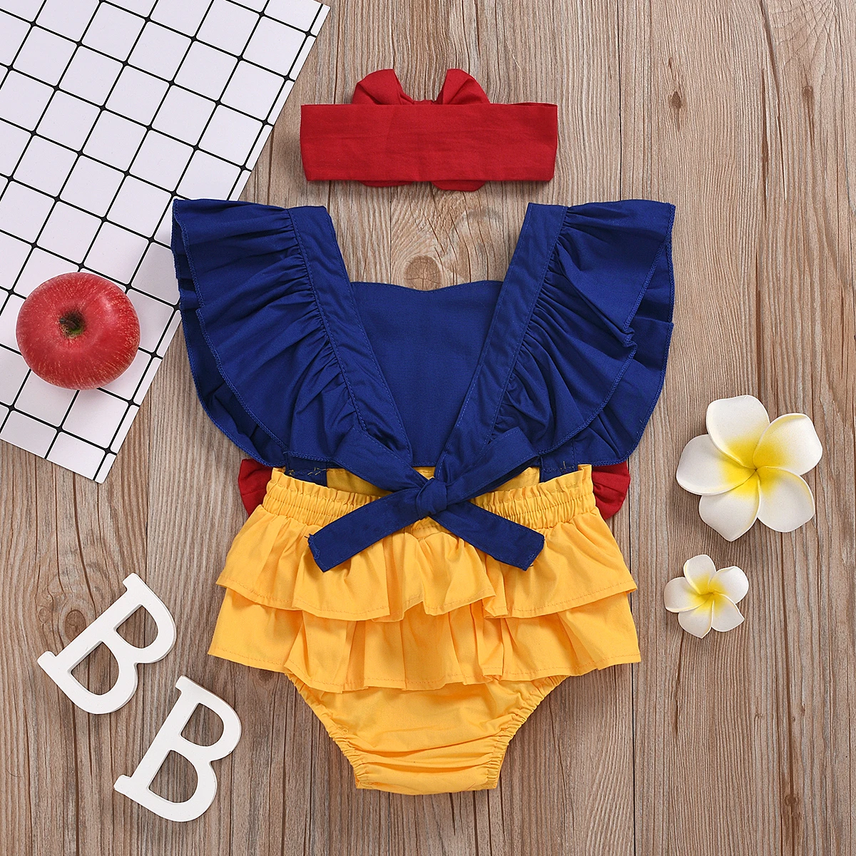 Newborn Baby Girls Patchwork Ruffled Sleeve  Princess Romper Jumpsuit + Bow Headband Backless Summer Outfit Set