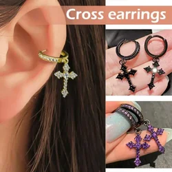 New Trendy Punk Zircon Crystal Cross Earring for Women Men Goth Hip Hop Piercing Black Hoop Earrings Fashion Party Jewelry Gifts