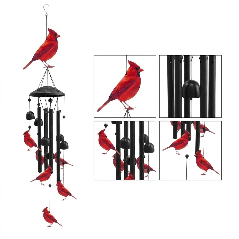Wind Chime with Red Bird Silhouette on Metal Frame for Outdoor Garden Decoration Soothing Sound 85.6 cm Length
