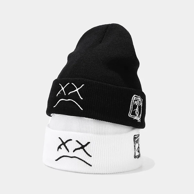 Sad expression embroidered cold hat for men, warm knitted hat for women, cool and trendy hooded hat