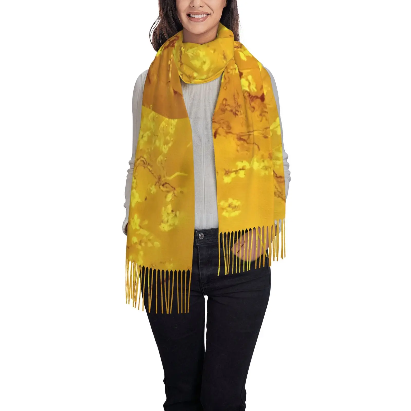 Vibrant Yellow Floral Print Tassel Scarf for Women, Soft Thick Winter Warm Shawl Wrap, Elegant Botanical Outerwear