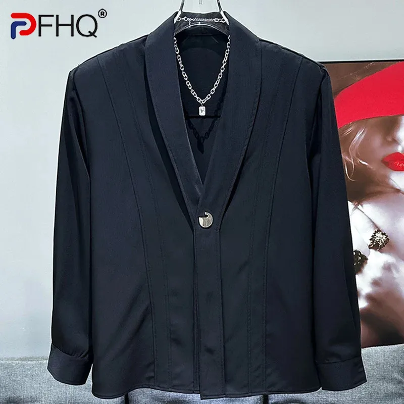 

PFHQ Autumn New Casual Versatile Fashion V-neck Shirt Korean Fashion Popular Loose Trendy Design Solid Color Male Tops 21Z5900