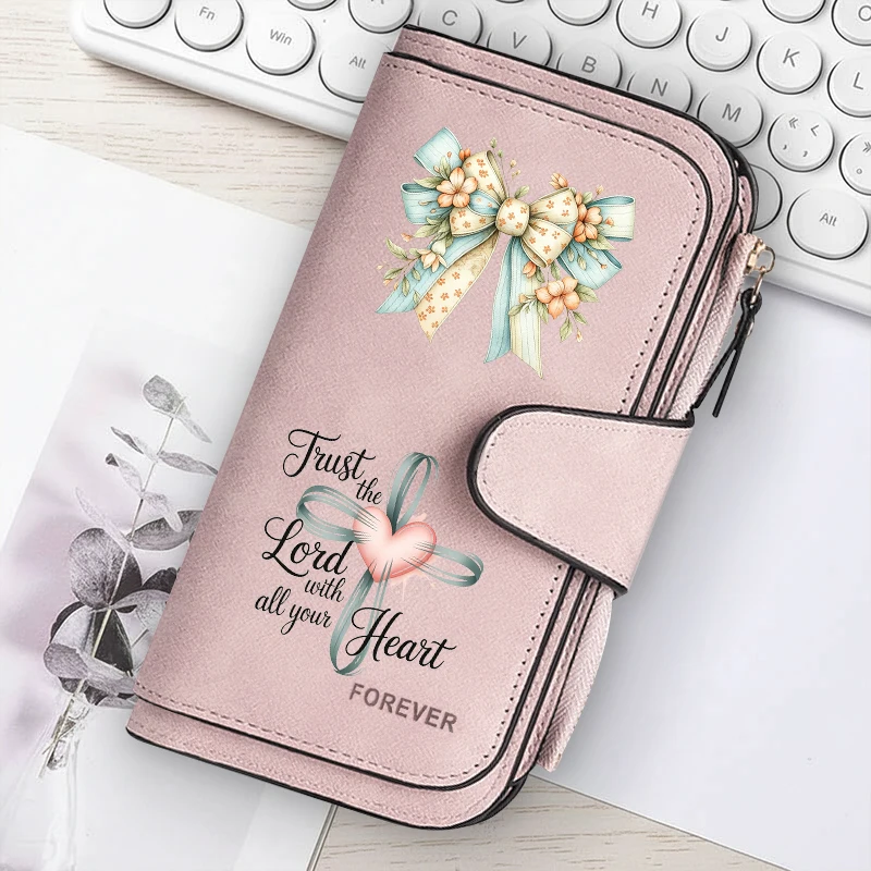 Cross Heart Faith Quote Floral Bow Lange Geldbörse mit Reißverschluss und Schnalle, Handtaschen, Münzgeldbörse, weiches PU, Multi-Kartenhalter, Tasche mit großem Fassungsvermögen – Detail 6