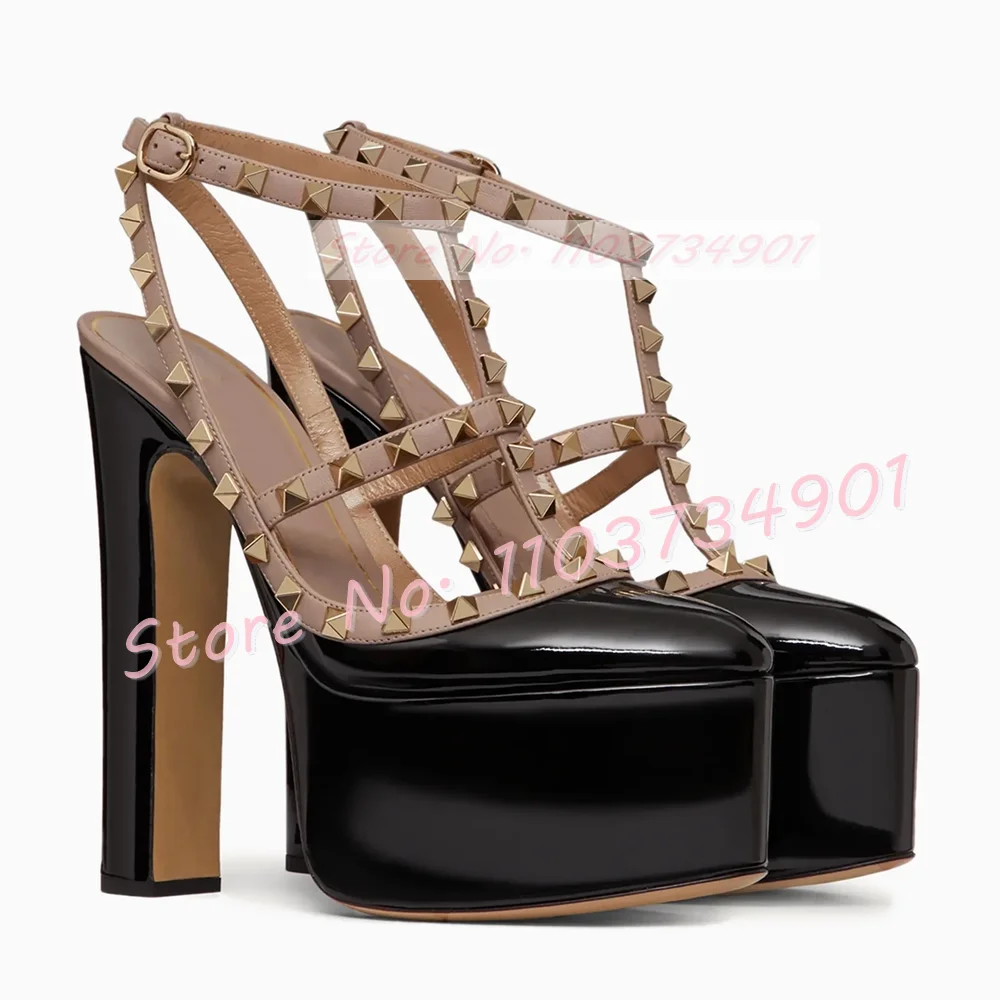 Metal Rivets Platform Sandals Women T Bar Pointed Toe Chunky Heels Shoes Lady Ankle Strap Elegant Sexy Nifty Bare Heels Sandals