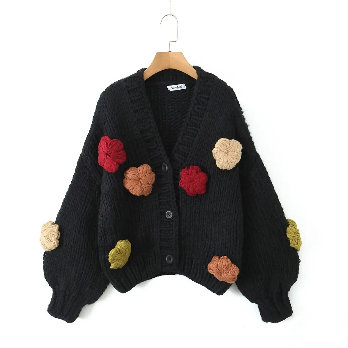 2024 Winter Women Knitted Cardigan Sweater Fashion Chic Lantern Sleeve Loose Coats Sweaters Handmade Floral Cute Outerwear