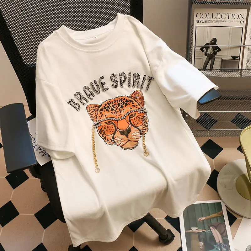 半袖Tシャツ,ラージ,コットン,ルーズ,ハーフスリーブ,ヨーロピアンスタイル,絶妙なラインストーンティアートップ