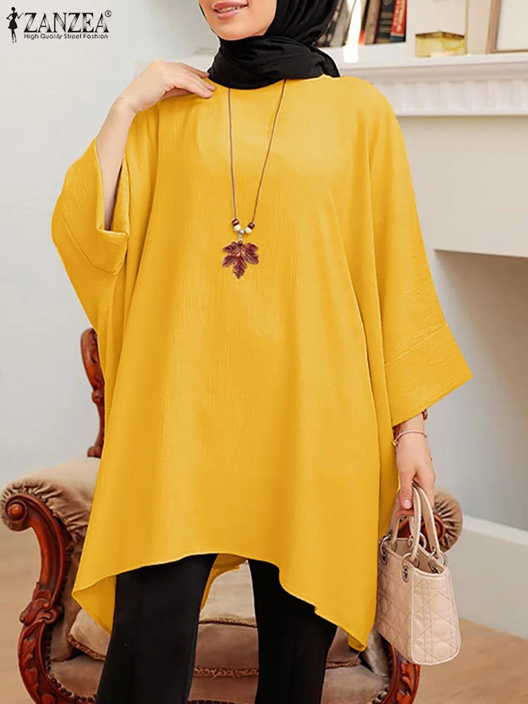 Women Fashion Long Sleeve Muslim Blouse ZANZEA Elegant Tunic Tops Solid Shirt Female Casual Loose Ramadan Abaya Turkey Blusas