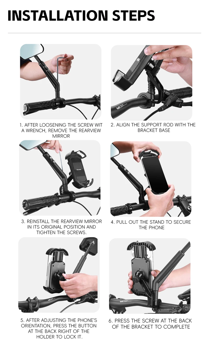WEST BIKING Selbstverriegelnder Handyhalter für Fahrrad, Motorrad, E-Bike, universeller Anti-Rüttel-Handyhalter, Lenker-/Rückspiegelhalterung – Detail 13