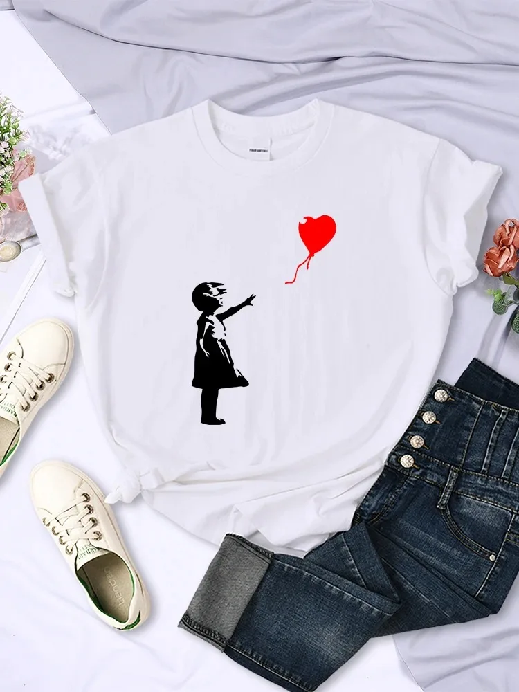 

Simple Women's T-shirt, Red Balloon Print Top, Summer Round-neck Short-sleeve Comfortable Tops