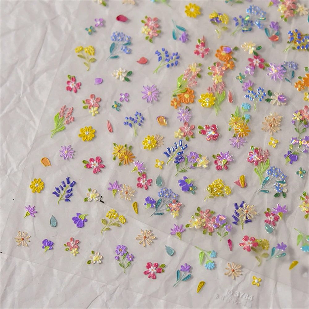 Colorido Primavera Wildflowers Unhas Adesivos, 5D Auto-Adesivo, Flash Art Decorações, DIY Manicure Acessórios, Kawaii, japonês, 1Pc