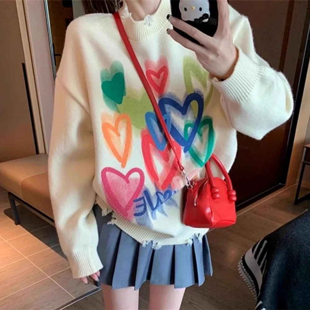 Harajuku Winter Autumn Women Colorful Love Print O-Neck Long Sleeve Knitted Sweater for Girls Fashion Female Broken Hole Jumpers