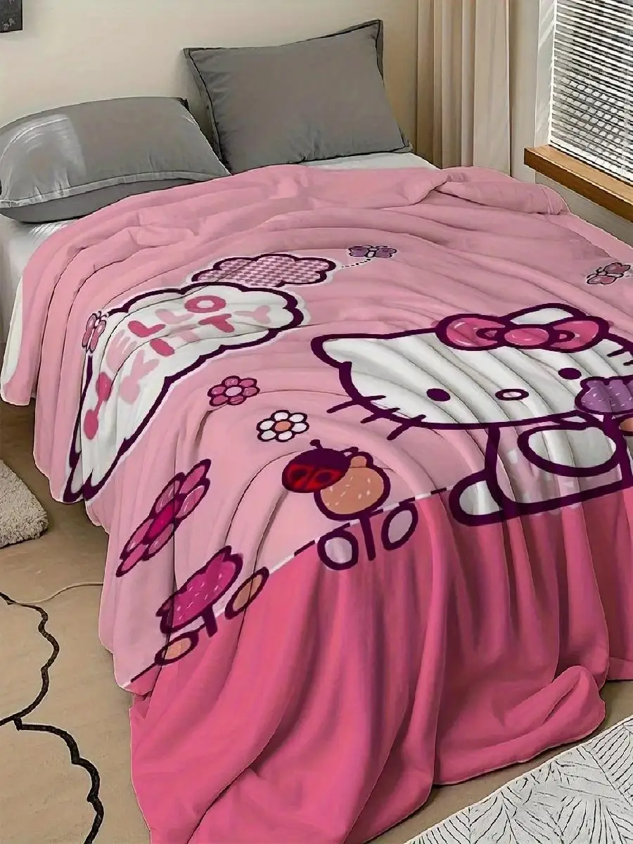 1pc cute Hello Kitty Flannel Blanket  Print All Season Warm Soft Throw for Bedroom Living Room Camping Travel Home Decor